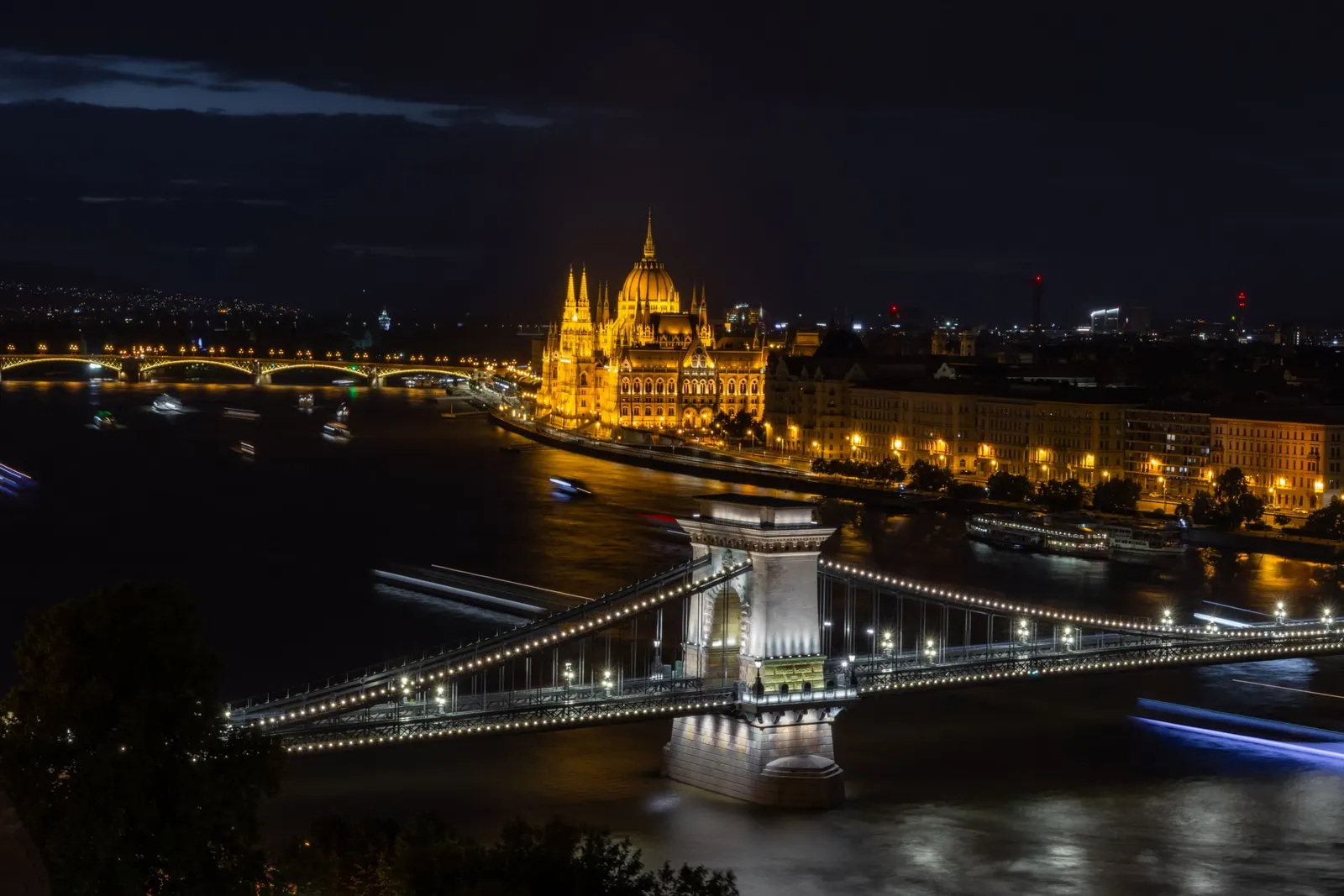 Budapest at night, the Chain Bridge and the Parliament on the Danube